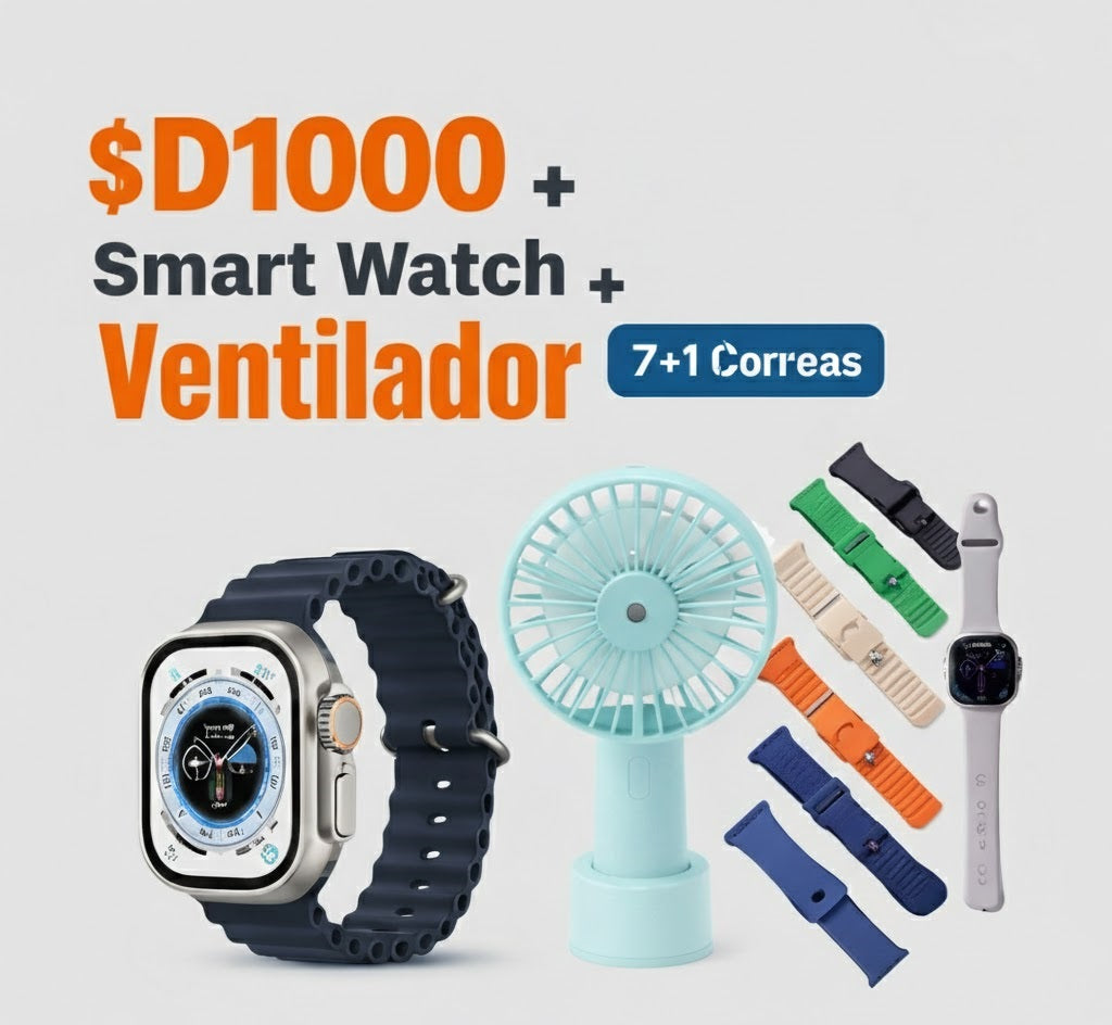 D1000 Smart Watch Rosado + Ventilador Portátil + 8 Correas