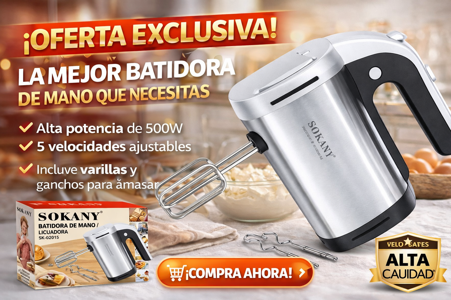 BATIDORA DE MANO SOKANY 5 VELOCIDADES, CON ACCESORIOS