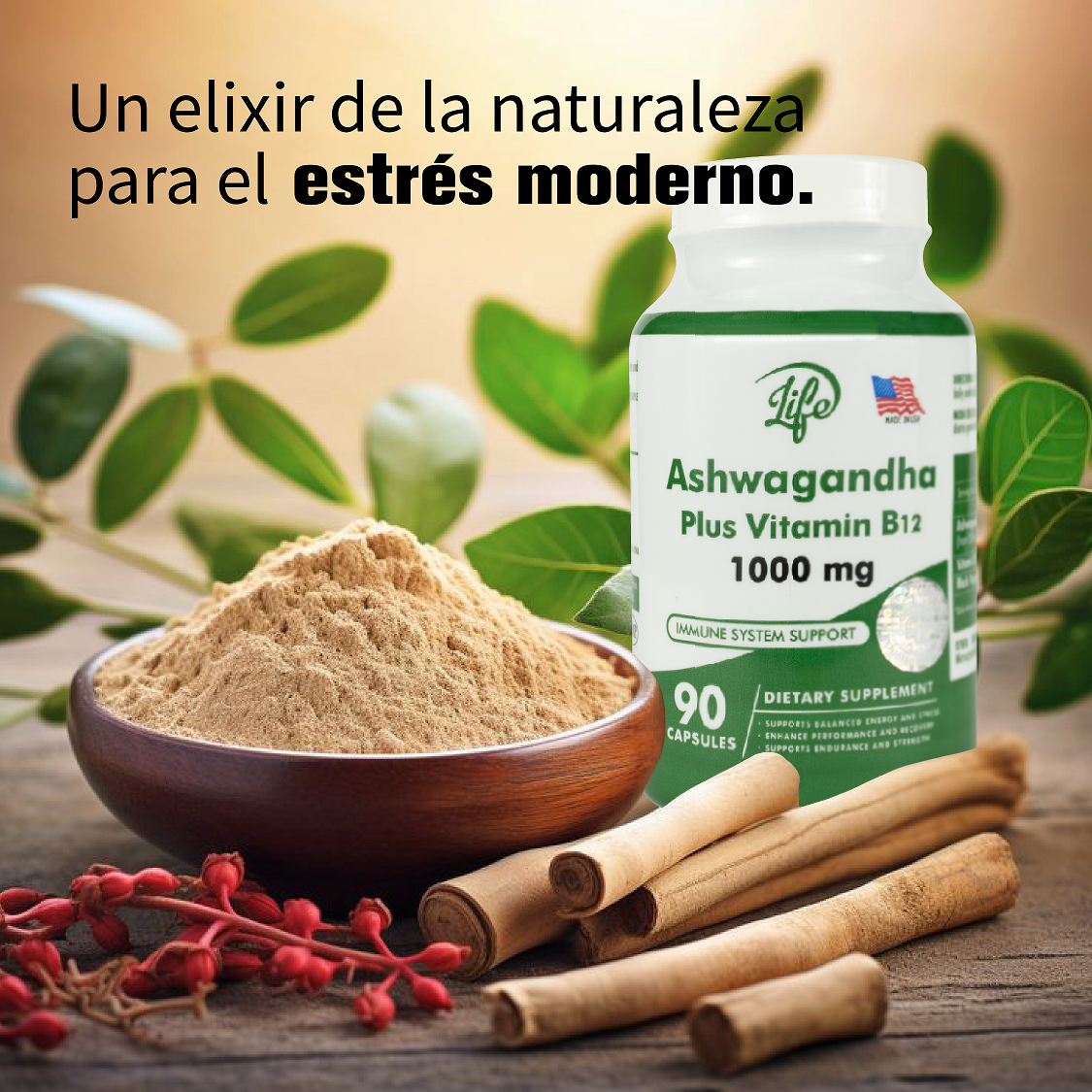 ASHAWAGANDA (BODEGA(GINSENG INDIO) + B12 X 90 CAPSULAS