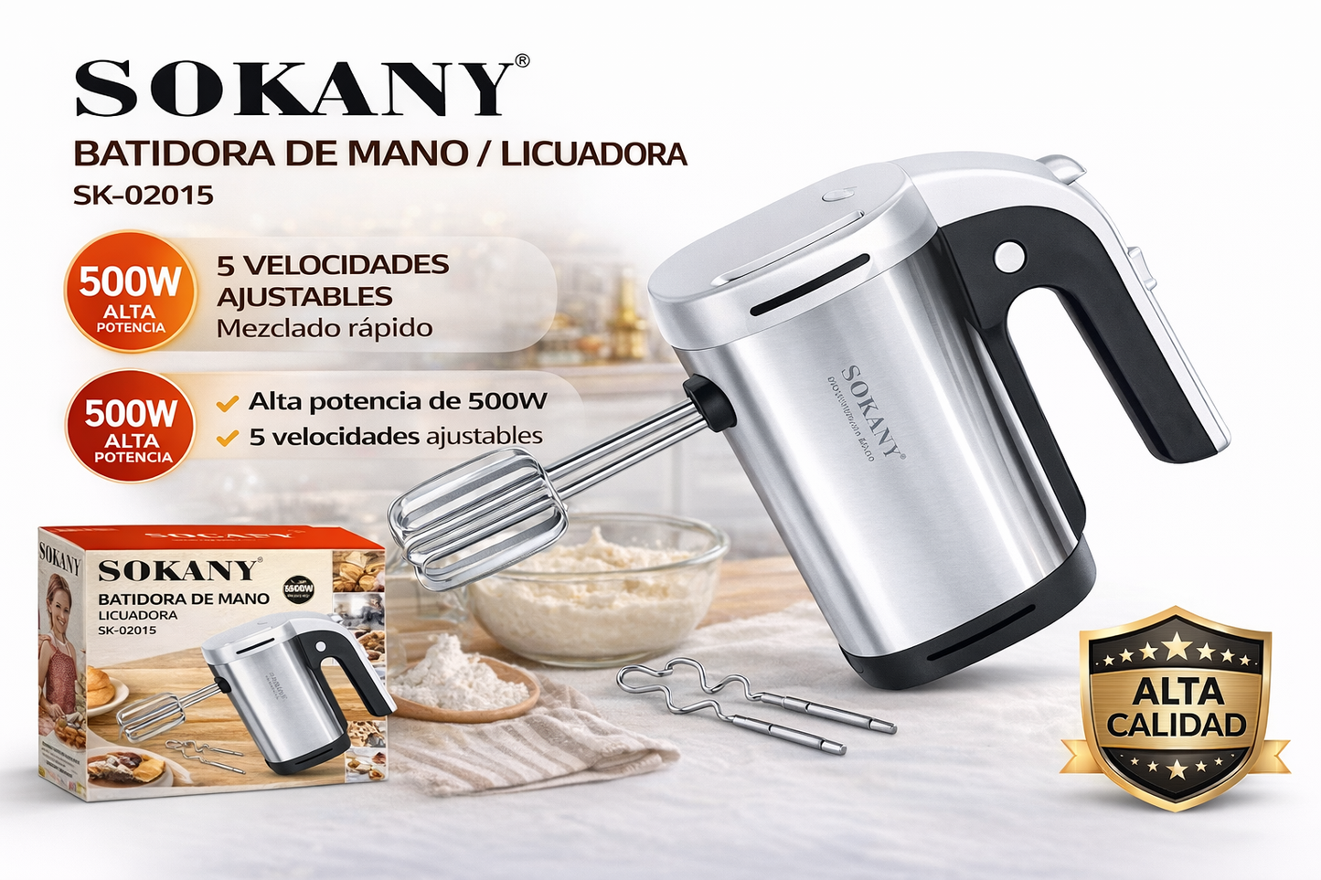 BATIDORA DE MANO SOKANY 5 VELOCIDADES, CON ACCESORIOS