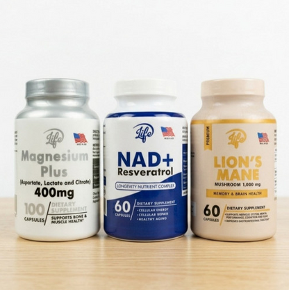 COMBO TRÍO VITALIDAD MÁXIMA (MAGNESIO+ MELENA DE LEON + NAD RESVERATROL)