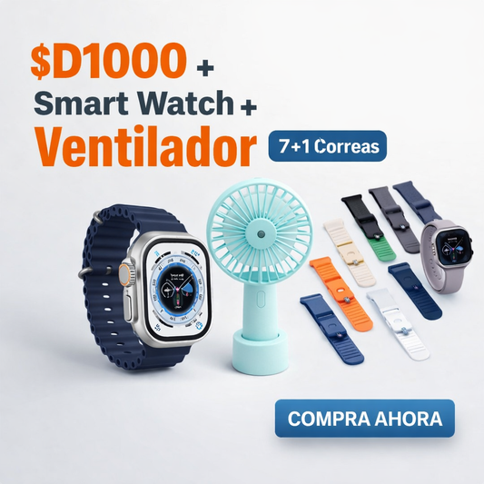 D1000 Smart Watch Rosado + Ventilador Portátil + 8 Correas
