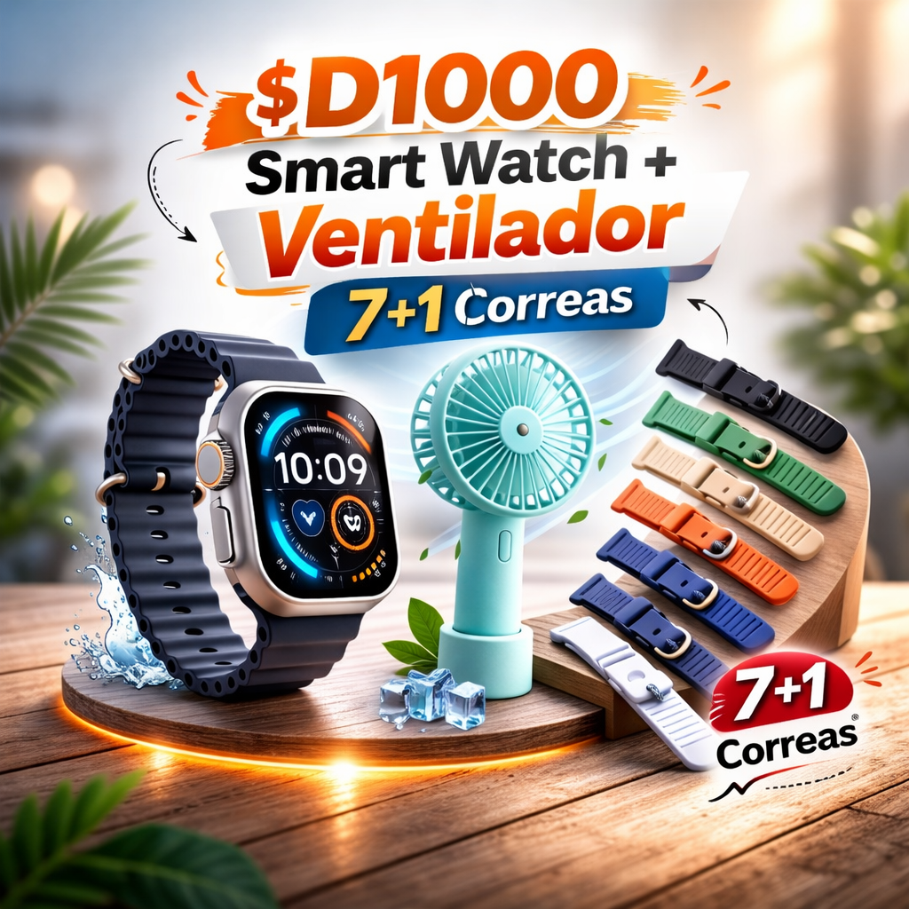 D1000 Smart Watch Rosado + Ventilador Portátil + 8 Correas