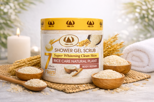 EXFOLIANTE CORPORAL DE LA MARCA TREE CITY, CON EXTRACTO DE ARROZ.