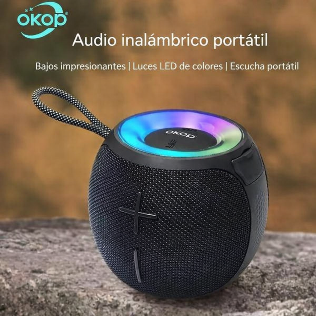 Parlante Bluetooth OKOP con Luces LED – Portátil y Recargable