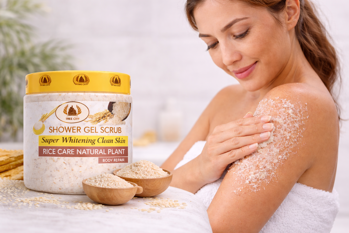 EXFOLIANTE CORPORAL DE LA MARCA TREE CITY, CON EXTRACTO DE ARROZ.