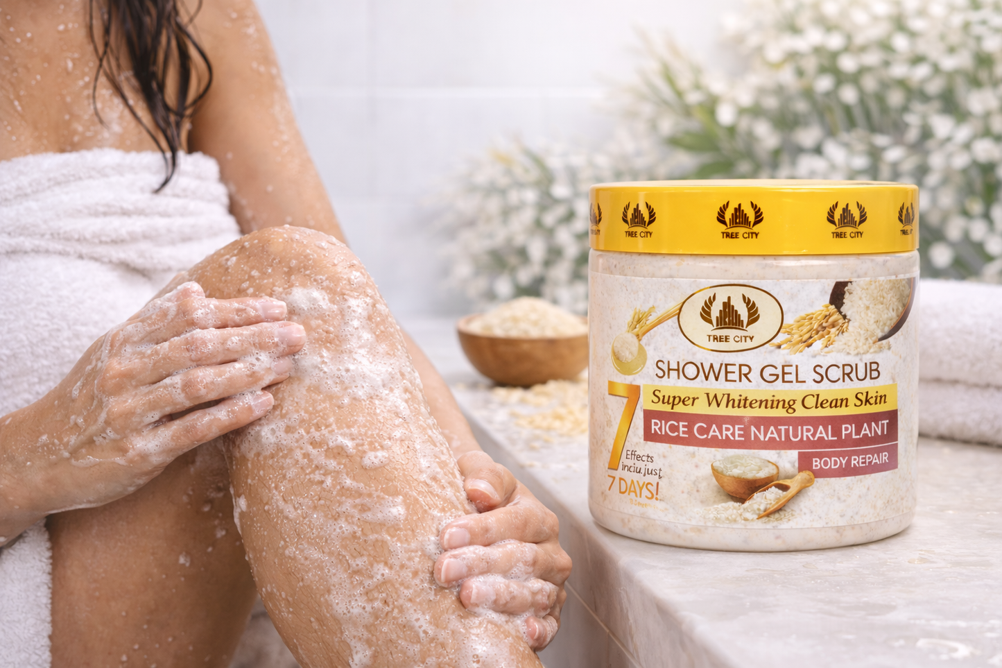 EXFOLIANTE CORPORAL DE LA MARCA TREE CITY, CON EXTRACTO DE ARROZ.