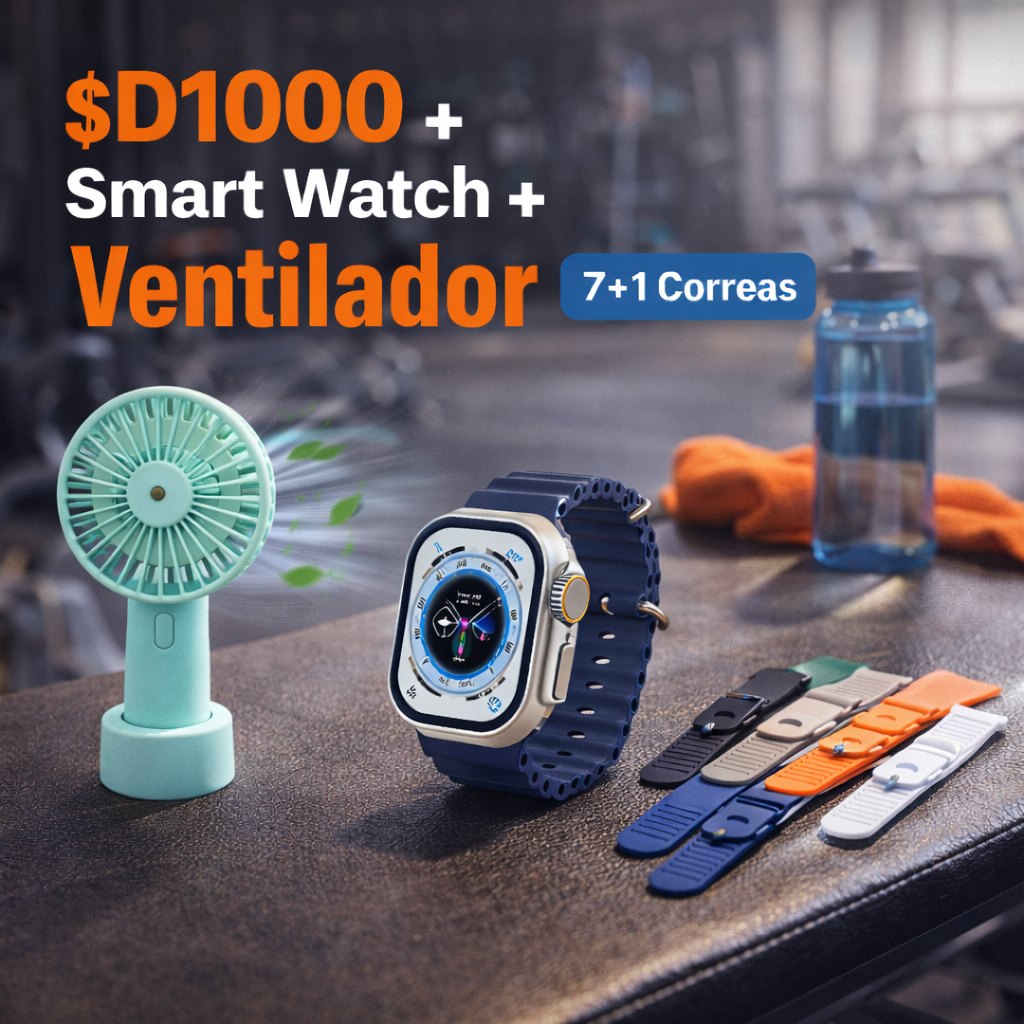 D1000 Smart Watch Rosado + Ventilador Portátil + 8 Correas