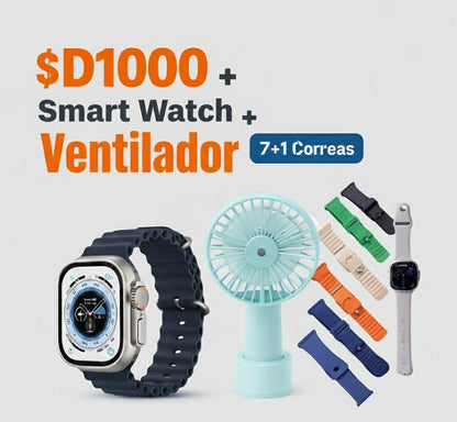 D1000 Smart Watch Rosado + Ventilador Portátil + 8 Correas