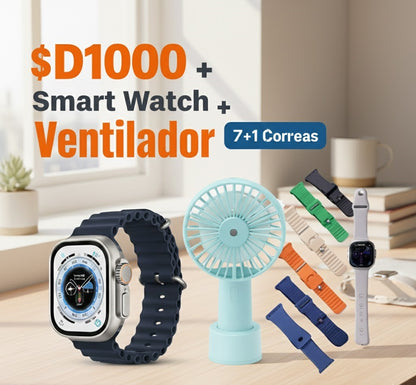 D1000 Smart Watch Rosado + Ventilador Portátil + 8 Correas