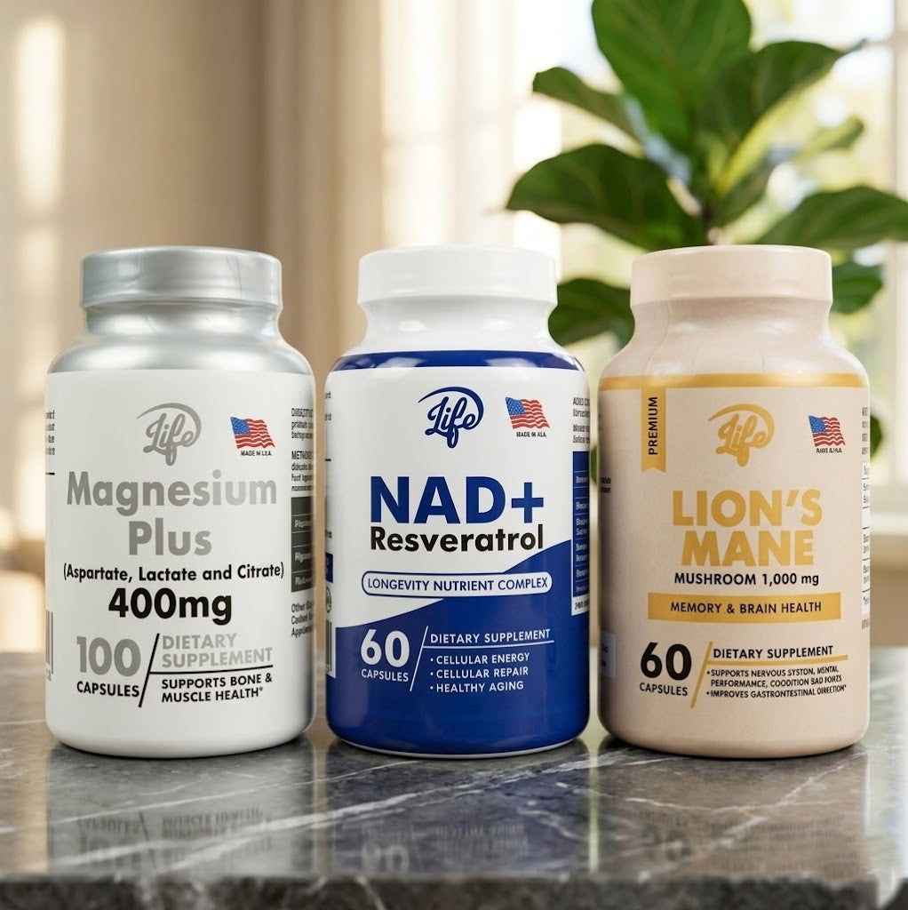 COMBO TRÍO VITALIDAD MÁXIMA (MAGNESIO+ MELENA DE LEON + NAD RESVERATROL)