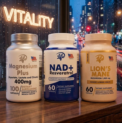 COMBO TRÍO VITALIDAD MÁXIMA (MAGNESIO+ MELENA DE LEON + NAD RESVERATROL)
