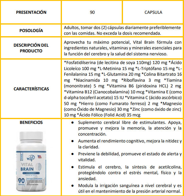VITAL BRAIN ( VITAMINA PARA EL CEREBRO, ENFOQUE, CONCENTRACIÓN Y MEMORIA)